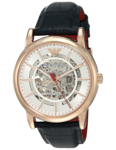 Montre Homme Emporio Armani AR60009 Automatique Squelette - Cadran Blanc, Bracelet Cuir Bleu, Boîtier Or