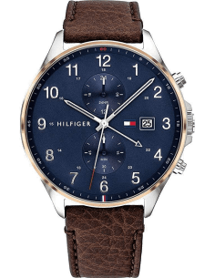Montre Homme Tommy Hilfiger 1791712 Boîtier Argenté, Cadran Bleu, Bracelet Cuir Marron