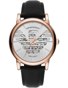 Montre Homme Emporio Armani AR60031 Cadran Squelette Argent Boîtier Or Bracelet Cuir Noir