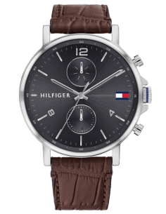 Montre Homme Tommy Hilfiger 1710416 - Boîtier Acier Argenté 44mm, Cadran Noir, Bracelet Cuir Marron