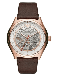 Montre Homme Emporio Armani Zeta AR60005 Automatique Squelette - Cadran Argent, Boîtier Or Rose, Bracelet Cuir Marron