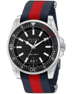 Montre Gucci Dive YA136210 Homme, Boîtier Nylon 45mm, Cadran Noir, Bracelet Nylon Bleu et Rouge