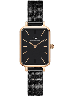 Montre Femme Daniel Wellington DW00100433 Quadro Rectangulaire Cadran Noir Bracelet Maille Milanaise Acier Or Rose