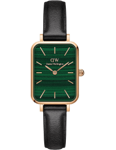 Montre Femme Daniel Wellington DW00100439 Quadro - Cadran Vert Rectangulaire, Boîtier Or Rose, Bracelet Cuir Noir