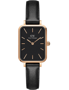 Montre Femme Daniel Wellington Quadro Sheffield DW00100435 - Cadran Noir, Boîtier Or Rose, Bracelet Cuir