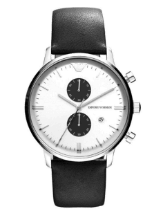 Montre Homme Emporio Armani AR0385 Chronographe New Retro - Boîtier Acier, Cadran Blanc, Bracelet Cuir Noir