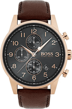 Montre Homme Hugo Boss 1513496 Navigator Chronographe Acier Or Rose Cadran Gris Cuir Marron