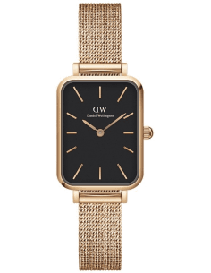 Montre Femme Daniel Wellington DW00100432 Quadro Rectangulaire Cadran Noir Maille Milanaise Or Rose