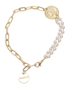 Bracelet femme Victoria Bradley C328 en acier plaqué or, style grec à perles