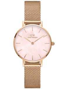 Montre Femme Daniel Wellington Petite Melrose Pearl DW00100513 - Cadran Nacré Rose 28mm, Bracelet Maille Milanaise Or Rose
