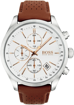 Montre Homme Hugo Boss 1513475 Cadran Blanc Boîtier Argent Bracelet Cuir Marron