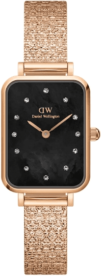 Montre Femme Daniel Wellington DW00100579 Quadro Lumine - Cadran Noir Rectangulaire, Maille Milanaise Or Rose