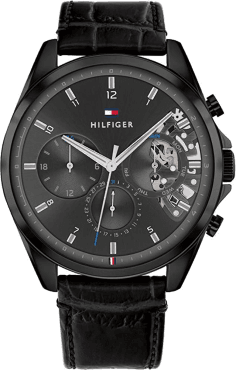 Montre Homme Tommy Hilfiger 1710452 Squelette - Boîtier Acier Or Rose, Cadran Noir, Bracelet Cuir Noir