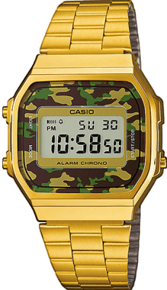 Montre Casio Vintage A168WEGC-3EF - Boîtier Or & Cadran Digital Camouflage Vert Militaire - Unisexe