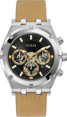 Montre Homme Guess GW0262G1 Boîtier Argenté, Cadran Noir Multifonction, Bracelet Cuir Marron