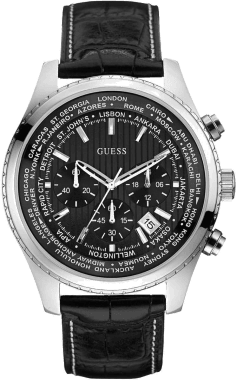 Montre Homme Guess W0500G2 - Boîtier Argenté 46mm, Cadran Noir Multifonction, Bracelet Cuir Noir