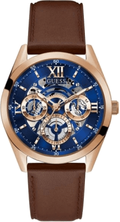 Montre Guess Homme GW0389G3 - Cadran Bleu Nuit, Boîtier Or et Bracelet Cuir Marron