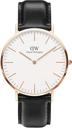 Montre Daniel Wellington Classic Sheffield DW00100036, cadran blanc 36 mm, boîtier or rose, bracelet cuir noir - Unisexe