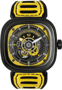 Montre Homme Sevenfriday P3B/03 Racing Team - Boîtier Bronze PVD Noir, Cadran Multicolore, Bracelet Cuir Jaune
