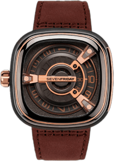 Montre Homme Sevenfriday M2/02 Automatique - Boîtier Acier PVD Or Rose, Cadran 47mm, Bracelet Cuir Marron