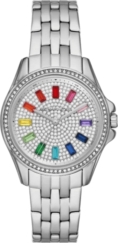 Montre Femme Michael Kors Mini Pilot MK7368 - Cadran pavé arc-en-ciel, bracelet acier argenté