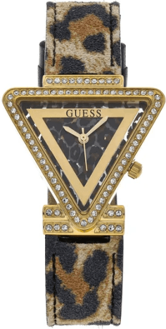 Montre Guess Fame GW0504L3 pour Femme - Boîtier doré triangle avec strass et bracelet cuir léopard