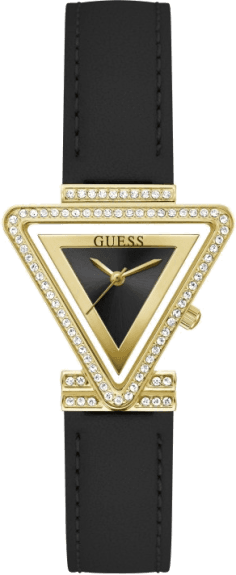Montre-bracelet Guess Fame pour Femme - Réf. GW0504L5 - Boîtier triangulaire doré à strass, bracelet cuir noir