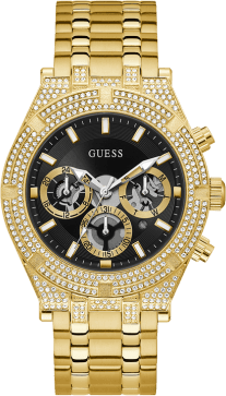 Montre Guess Homme GW0455G2 - Boîtier Doré Serti de Strass, Cadran Noir, Bracelet Acier