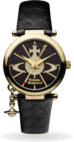 Montre Femme Vivienne Westwood Orb II - Boîtier or, cadran et bracelet cuir noir - Réf. VV006BKGD