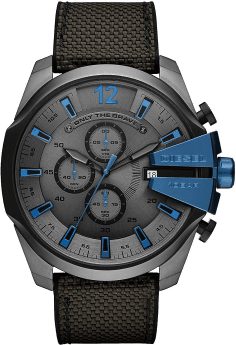 Montre Diesel DZ4500 Mega Chief Homme - Cadran et Boîtier Gris, Bracelet Cuir et Tissu Noir