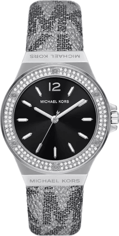 Montre Michael Kors Lennox MK7309 pour Femme, Cadran Noir, Boîtier Argent, Bracelet Cuir Gris