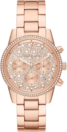 Montre-bracelet Michael Kors Ritz MK7302 pour femme, chronographe en acier or rose à cristaux