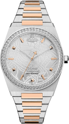 Montre Femme Vivienne Westwood VV244WSSR - Cadran Tonneau Argent, Bracelet Bicolore Acier & Or Rose, Boîtier Serti de Strass