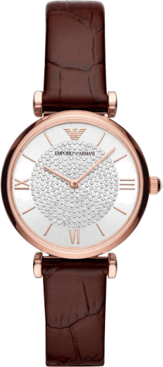 Montre Femme Emporio Armani AR11269 Cadran Nacre Blanche Boîtier Or Rose Bracelet Cuir Marron