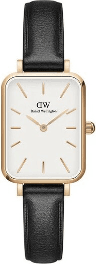 Montre Femme Daniel Wellington Quadro Pressed DW00100434 - Cadran Rectangulaire Blanc, Boîtier Or Rose, Bracelet Cuir Noir