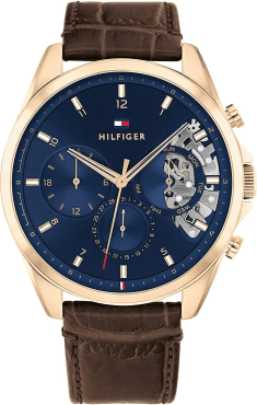 Montre Homme Tommy Hilfiger 1710453 Squelette Cadran Bleu Boîtier Or Rose Bracelet Cuir Marron