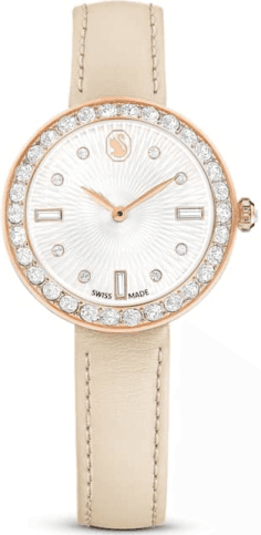 Montre Femme Swarovski Certa 5672968 - Boîtier Or Rose, Cadran Blanc Guilloché, Bracelet Cuir Beige
