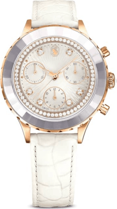 Montre Femme Swarovski 5671150 Octea Chrono - Cadran Blanc, Boîtier Or Rose, Bracelet Cuir Blanc