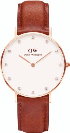 Montre Daniel Wellington Classy St Mawes DW00100075 - Cadran 34mm Blanc, Boîtier Or Rose, Bracelet Cuir Marron pour Femme