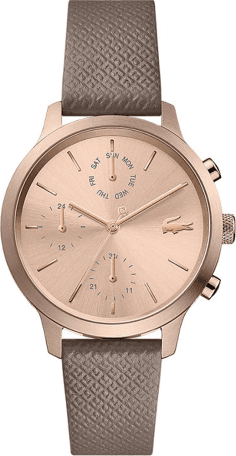 Montre Femme Lacoste 12.12 Réf. 2001150 - Cadran Or Rose Multifonctions, Bracelet Cuir Marron