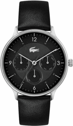 Montre Lacoste Homme Réf. 2011139 - Boîtier Acier Argenté, Cadran Noir Multifonctions, Bracelet Cuir Noir