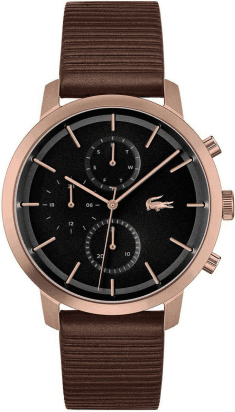 Montre Homme Lacoste Replay 2011257 - Boîtier Or Rose, Cadran Multifonctions Noir, Bracelet Cuir Marron