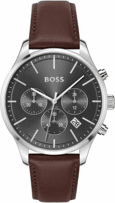 Montre Homme Hugo Boss 1514155 Quartz - Boîtier Acier 42mm, Cadran Gris Anthracite, Bracelet Cuir Marron