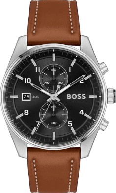 Montre Homme Hugo Boss 1514161 Skytraveller Chronographe Cadran Noir Acier Cuir Marron