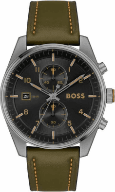 Montre Homme Hugo Boss 1514148 Skytraveller Chronographe Cadran Noir Acier Bracelet Cuir Kaki
