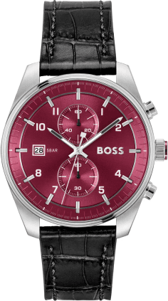Montre Homme Hugo Boss 1514193 Skytraveller - Cadran Rouge Soleillé, Boîtier Acier, Bracelet Cuir Noir Croco