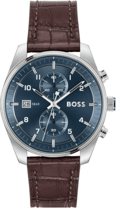 Montre Homme Hugo Boss 1514194 Skytraveller Chronographe Cadran Bleu Acier Bracelet Cuir Marron