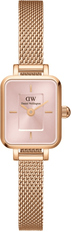 Montre Femme Daniel Wellington DW00100650 Quadro Mini - Cadran Rectangulaire Rose Nacré, Bracelet Maille Milanaise Or Rose