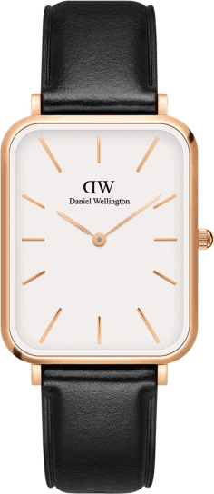 Montre Femme Daniel Wellington DW00100450 Quadro XL Cadran Blanc Rectangulaire, Boîtier Or Rose, Bracelet Cuir Noir