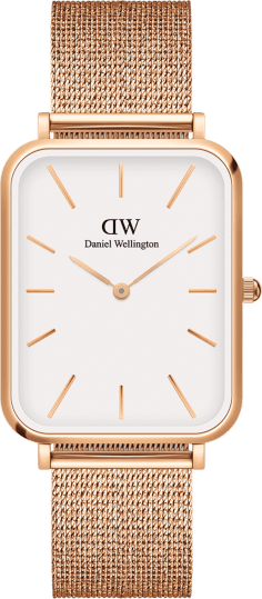 Montre Femme Daniel Wellington DW00100465 Quadro Pressed Melrose - Cadran Blanc Rectangulaire, Boîtier et Bracelet Maille Milanaise Or Rose